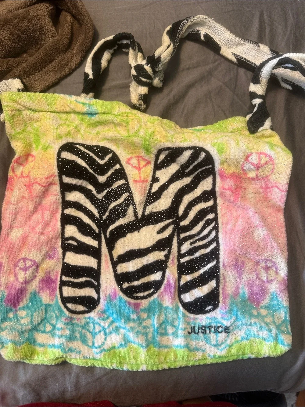 Justice Zebra 'M' Tie-Dye Tote - Black, White, Pink, Green, Blue